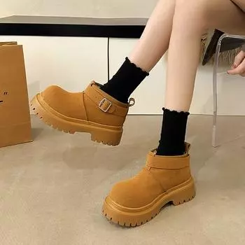 Big head winter thickened muffin ice boots women s 2024 thick-soled velvet thermal sleeve short boots British wind big yellow boots 35 верблюд