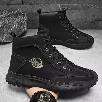 Фурнитура известных марок, мужская обувь из натуральной кожи, повседневная обувь с высоким берцем, утепленные бархатные ботинки больших размеров для активного отдыха. 38 чёрный