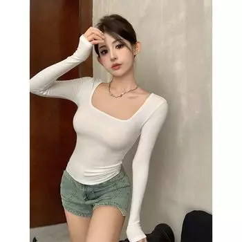 Big Neckline Sexy Lightly Mature Long Sleeves Bottoming Shirt T-shirt Female Autumn Hong Kong Style Adult Lady like Woman Slim Fit Slimming Top Ins White S