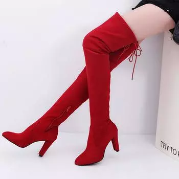 Big Red Boots Women s Over-the-knee Winter Shoes High Heels Plus Size Tights Lace-up Luxury Brand Promotions Long 34 чёрный