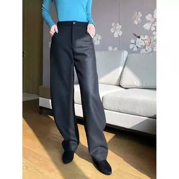 Big Sale Autumn and Winter Woolen Purple Banana Pants Loose Slim Looking Casual Extra Long Women s Pants High Waist Woolen Wide-Leg Pants Pants Black S(Thick Loose)