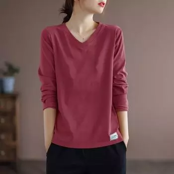 Big Sale Leak-Picking ~ Brand Discount Women s Clothing Withdraw T-shirt Printing Pure Cotton V Neck Artsy Easiest for Match Inner Bottoming Top Watermelon Red [pure color]] XL
