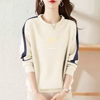 Big Sale Leak-Picking Fall and Winter New Arrival Best Selling round Neck Long Sleeve Top Female All-Matching Youthful-Looking Pure Cotton Sweatshirt Apricot [Wheat]] 2XL
