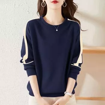 Big Sale Leak-Picking Fall and Winter New Arrival Best Selling round Neck Long Sleeve Top Female All-Matching Youthful-Looking Pure Cotton Sweatshirt Navy blue [paragraph pure color]] 2XL