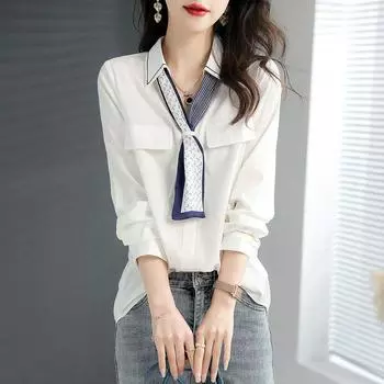 Big Sale Leak-Picking First-Line Brand Counter Shopping Mall Withdraw Label Cutting Autumn Clothing Polo Collar V-Shaped Scarf Temperament Shirt Women White S