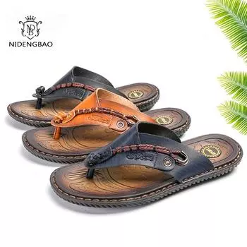 Big Size 46 47 Men Flip Flops Leather Slippers Summer Men Flip Flops Outdoor Slippers Breathable Comfortable Men Flip-Flops 38 хаки