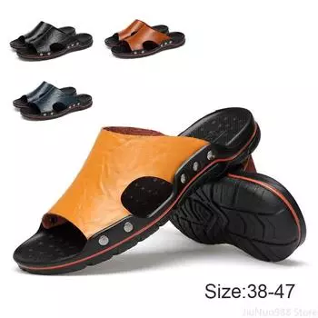 Большие размеры мужские тапочки летние повседневные шлепанцы из натуральной кожи уличные модные пляжные туфли сандалии из коровьей кожи 38 чёрный