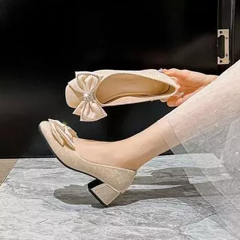 Big Size New Shoes for Women Pumps Round Toe Bowknot High Heels Shoes Party Beautiful Dress Shoes 35 чёрный