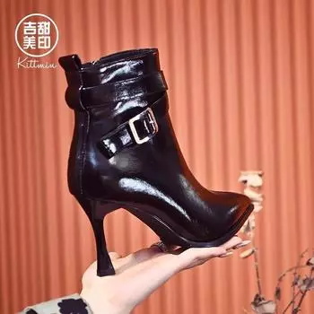 Зимние женские ботильоны большого размера, красные, желтые, черные, на высоком тонком каблуке, для вечеринки, для офиса, с острым носом, пряжкой, молнией, панк-ботильоны 35