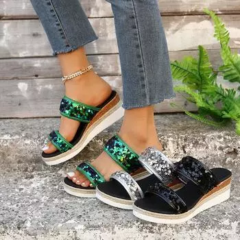 Big Size Women s Bling Sandals 2024 New Fashion Sequined Wedge Slippers Women Summer Modern Stylish Platform Shoes Plus Size 43 36 чёрный