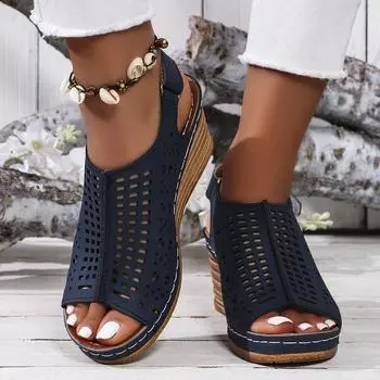 Big slope heel sandals women s summer new hollow Velcro explosive sandals 36 чёрный