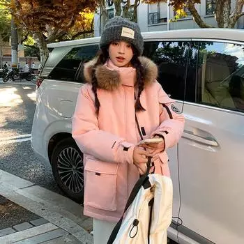 Big sweater collar cotton-padded clothes women s winter Korean version hooded tooling Parker bread clothes short big pocket loose jacket M чёрный