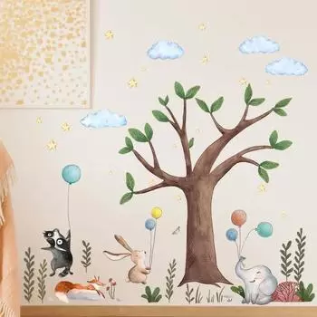 Big Tree Rabbit Balloon Cartoon Wallpaper Living Room Room Decoration Wall Sticker Self-adhesive Wholesale Wall Sticker