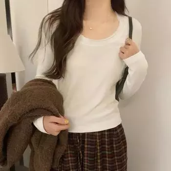 Big U-neck grey curly edge thread long sleeve T-shirt women s new autumn and winter base with a slimming bottom shirt top S