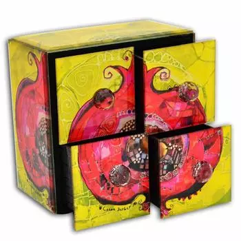 Biggdesign Glass Jewelry Box with 4 Drawers, Authentic Design with Pomegranate Motif, Decorative Box