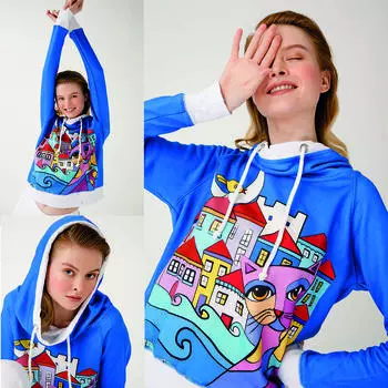 Biggdesign Owl And City Hooded Sweatshirt, Cat and City Patterned Design, Women s Sweatshirt, Quality Fabric