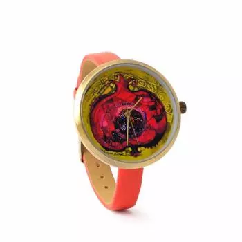 Biggdesign Pomegranate Patterned Wrist Watch, 40 mm Stainless Steel Case Diameter, Women Watch, Red Wrist Watch, Custom Design