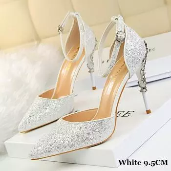 BIGTREE Европейская и американская мода, пикантные открытые туфли для ночного клуба, высокий каблук 9,5 см, металлический каблук 9,5 см, блестящие босоножки с пайетками 40 белый