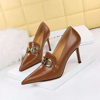 BIGTREE/Европейский стиль, женская обувь с глубоким вырезом, женская обувь на тонком каблуке и высоком каблуке, острый металлический ремень с пряжкой, одинарные туфли с глубоким вырезом 40 бежевый