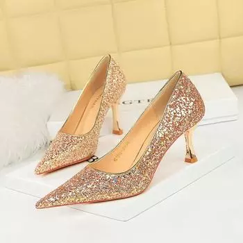 BIGTREE, корейская версия, модные вечерние туфли на высоком каблуке с металлическим каблуком, туфли на высоком каблуке с острым носком и блестящей тканью, женская обувь 40 золотой