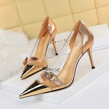 BIGTREE модные пикантные женские прозрачные туфли для ночного клуба с острым носком и острым металлическим ремнем с пряжкой на высоком каблуке 8,5 см 35 золотистый