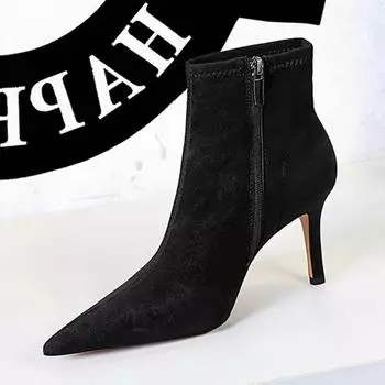 BIGTREE модные зимние простые пикантные вечерние женские ботинки в стиле стриптиза, туфли на тонком каблуке с острым носком и боковой молнией 34 чёрный