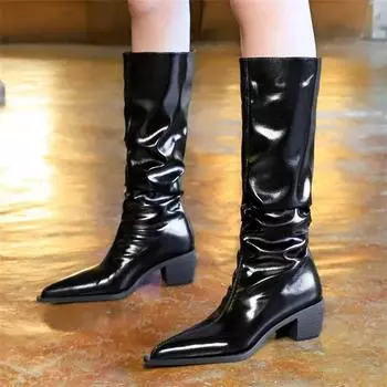 BIGTREE/Новые женские сапоги выше колена, пикантные ботинки для ночного клуба с острым носком, плиссированные элегантные туфли на ярком каблуке с подшивкой, элегантная обувь Eoman 34 чёрный