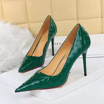 BIGTREE/Сексуальные женские туфли на высоком каблуке из глянцевой лакированной кожи с плетением на тонком каблуке 9,5 см, очень высокий каблук с острым носком 38 зелёный