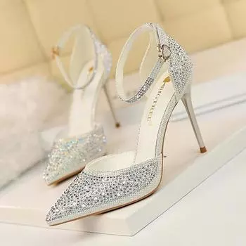 Bigtree Sweet Girl s Туфли на высоком каблуке Тонкий каблук Высокий каблук Неглубокий рот Остроконечные полые женские босоножки One Word с блестящими бриллиантами
