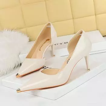 BIGTREE Вечеринка в европейском стиле. Высокие каблуки. Тонкие каблуки. Неглубокий рот. Металлическая заостренная железная голова. Яркая поверхность. Лакированная кожа. 40 оранжевый