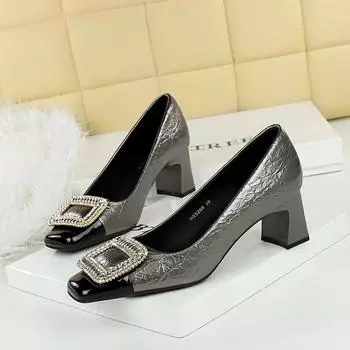 BIGTREE Весна-Осень Женские Туфли Лодочки Квадратный Носок Стразы ПУ 5СМ Квадратный Каблук Неглубокие Квадратная Пуговица Платье Женская Обувь 35