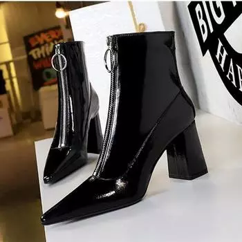 BIGTREE Западный стиль, стильные и простые ботинки на высоком толстом каблуке с острым носком, глянцевые лакированные кожаные ботинки, зимние сапоги с украшением на молнии спереди