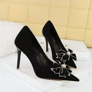BIGTREE, женская обувь на высоком каблуке в европейском стиле, на очень высоком замшевом каблуке с острым носком и бриллиантами, с жемчужным бантом 43 чёрный
