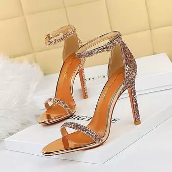 BIGTREE/женские летние модные пикантные туфли на высоком каблуке для ночного клуба на очень высоком каблуке 10 см, блестящие блестки и сандалии 34 шампанского