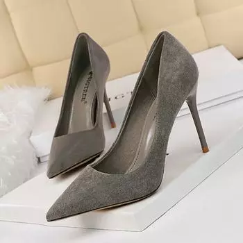BIGTREE/женские модные простые замшевые туфли на высоком каблуке с острым носком и острым носком, пикантные туфли на высоком каблуке 41 серый