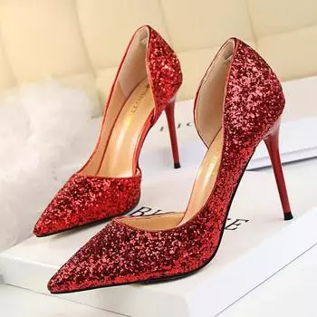 BIGTREE/женские туфли на высоком каблуке 9,5 см на тонком каблуке с острым носком и пайетками по бокам 39 чёрный