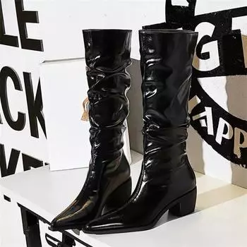BIGTREE женские вечерние сапоги выше колена для ночного клуба, пикантные ботинки для стриптиза с острым носком, плиссированные туфли на ярком каблуке с кромкой, шикарная элегантная обувь Eoman 34 чёрный