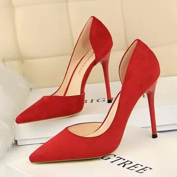 BIGTREE/женские замшевые туфли на очень высоком простом тонком каблуке с острым носком, сексуальные одинарные туфли с полыми боковыми сторонами 40 чёрный
