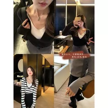 Bigyu Must Enter All-Matching Sweater 2023 Spring, Autumn and Winter New Slim Looking Silm V-neck Fake Two-Piece Long Sleeves Bottoming Shirt Black(In stock) XS