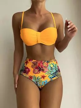Бикини-бандо с цветочным принтом, женский купальник 2023, женский комплект бикини с высокой талией, сексуальный купальник для женщин, купальный костюм S чёрный