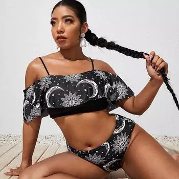 Бикини больших размеров с высокой талией и рюшами, комплект бикини, сексуальный купальник бикини с воланами, женский купальник из двух частей, пляжная одежда с цветочным принтом, купальный костюм с v-образным вырезом 0XL чёрный