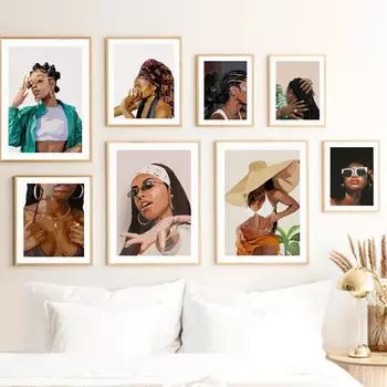 Бикини Черная девушка Рэпер Афро-прическа Африканская Абстрактная Живопись На Холсте Плакаты Современная Печать Настенные Картины Для Декора Гостиной 21x30cm No Framed