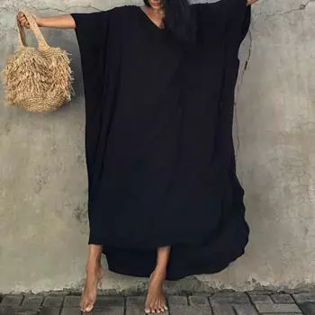 Бикини Cover Up Однотонный Раздельный Летний Свободный крой Защита от солнца Пляж чёрный