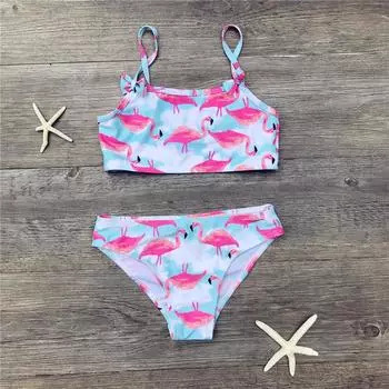 Бикини для девочек, милый купальник с принтом фламинго, пляжная одежда из двух предметов, детский купальник с разрезом, детский купальный костюм 2 years синий