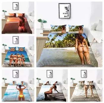 Бикини, домашнее постельное белье, сексуальная красота, пододеяльник с принтом и подушка, удобный комплект постельного белья для спальни UK Single 135x200cm