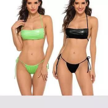 Бикини из блестящей кожи, эластичный купальник на бретельках, пляжная одежда, мода S чёрный