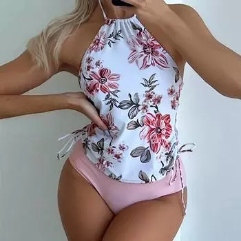 Бикини из двух частей, комплект танкини, купальник с высокой талией, купальник на шнуровке, сексуальный купальный костюм с открытой спиной, женская пляжная одежда S розовый