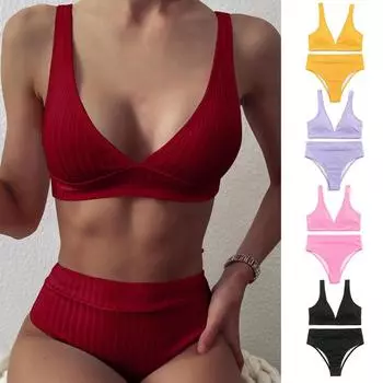 Бикини из двух частей с V-образным вырезом, сплошной цвет, женский ребристый глубокий комплект, бюстгальтер, трусы, купальник для лета L чёрный