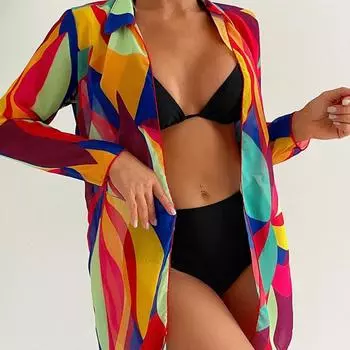 Бикини из трех частей с длинными рукавами, солнцезащитная сетчатая блузка, сексуальное бикини S