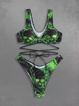 Бикини-комплект Rosegal Gothic Skulls Lightning Ombre с графическим принтом и перекрещивающимися бретельками и высоким вырезом M чёрный